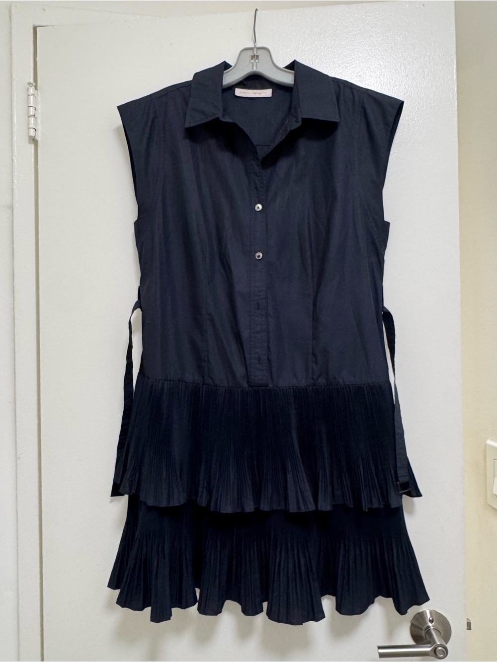 Pookie & Sebastian Navy Sleeveless Tiered Pleated Collared Shirt Dress